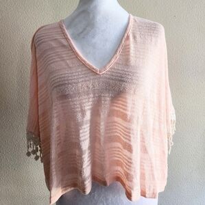 Paper Crane V-Neck Sheer Top with Lace Sleeves